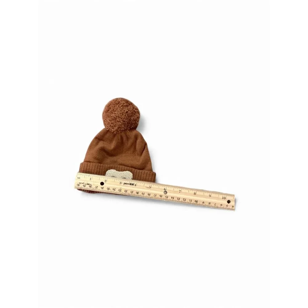 Newborn Brown Knit Pom-Pom Hat & Mittens‎ Set With Bear Patch
